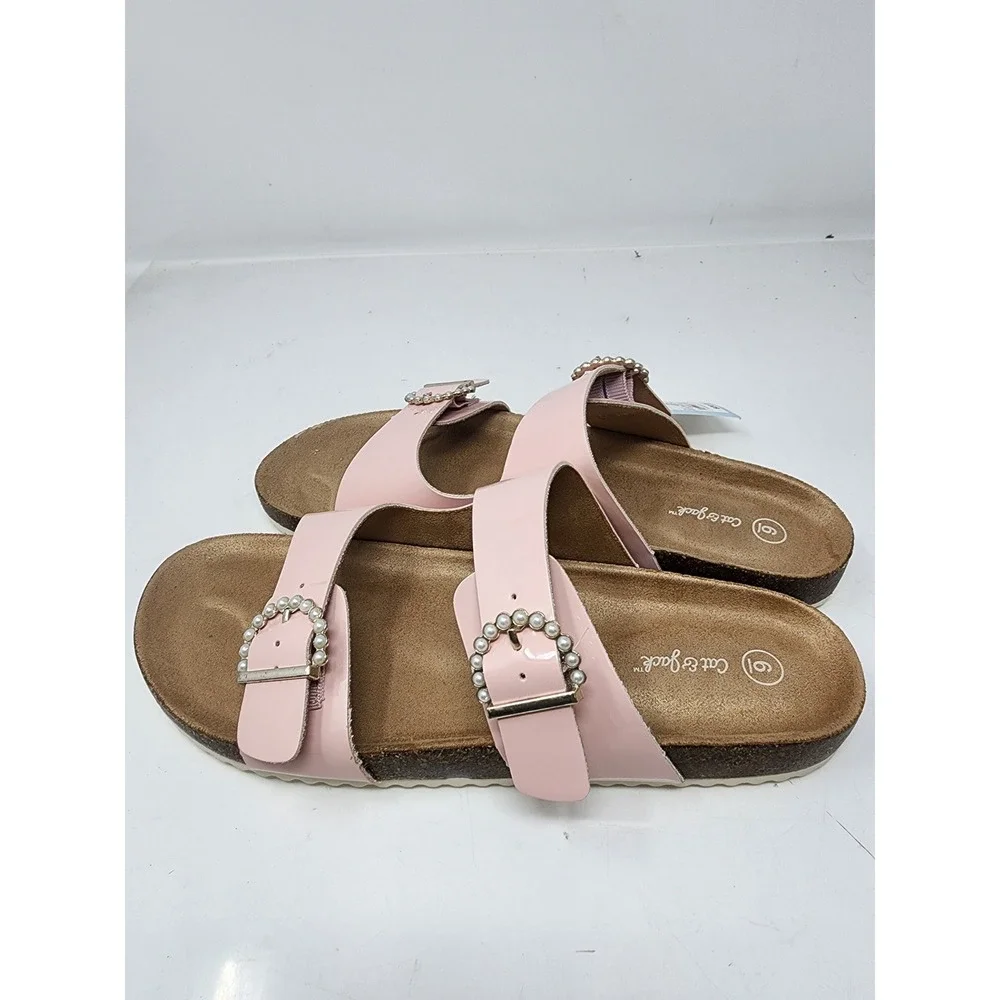 Cat & Jack‎ Girls Drew Pearl Buckle Slide Sandals Pink Faux Leather Size 6